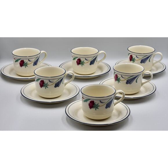 Y2K Coffee or Tea Flat Cup & Saucer 12pc Set Poppies On Blue by LENOX - Picture 2 of 12